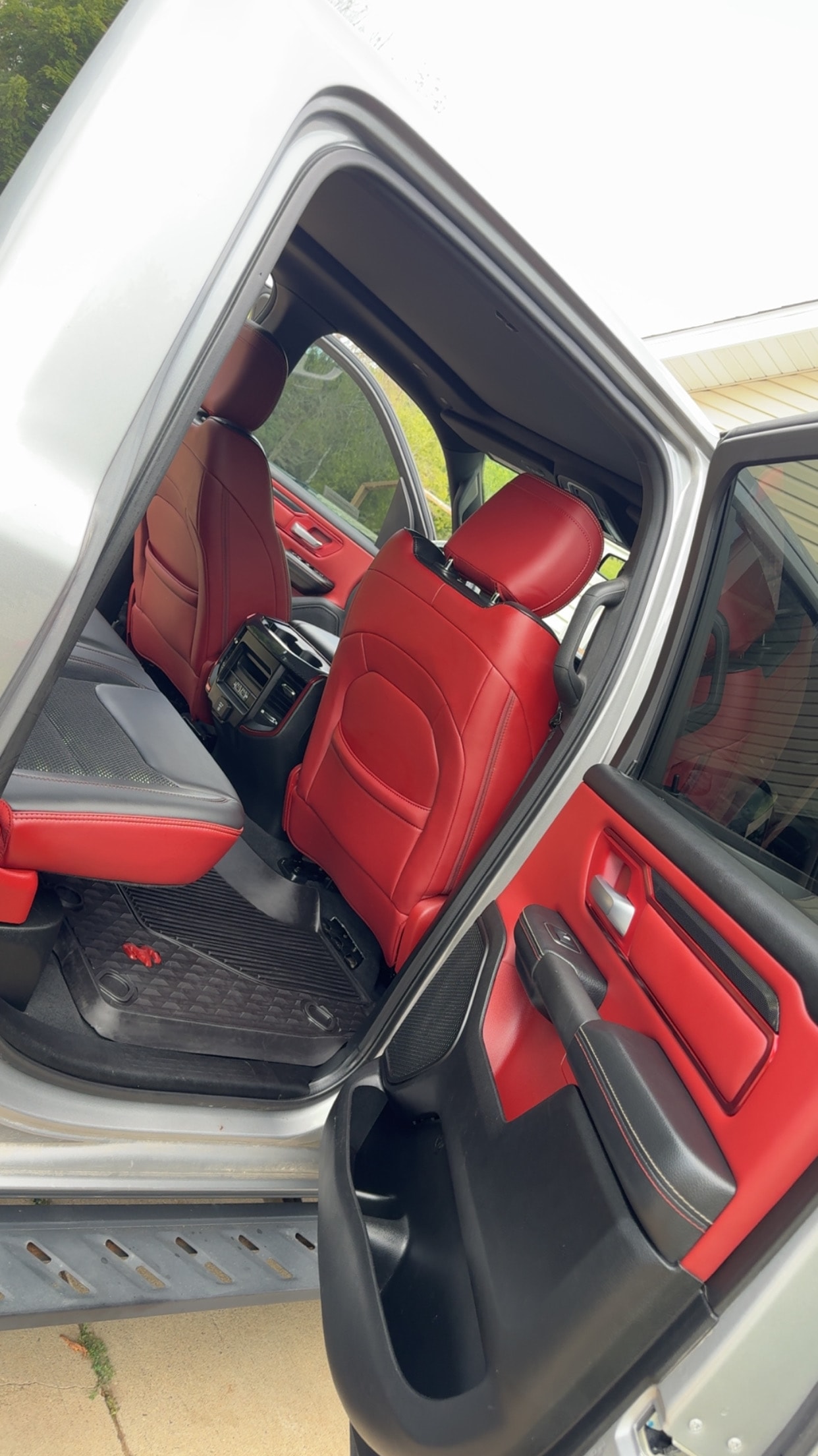 Interior detail — Ram truck red leather rear seats